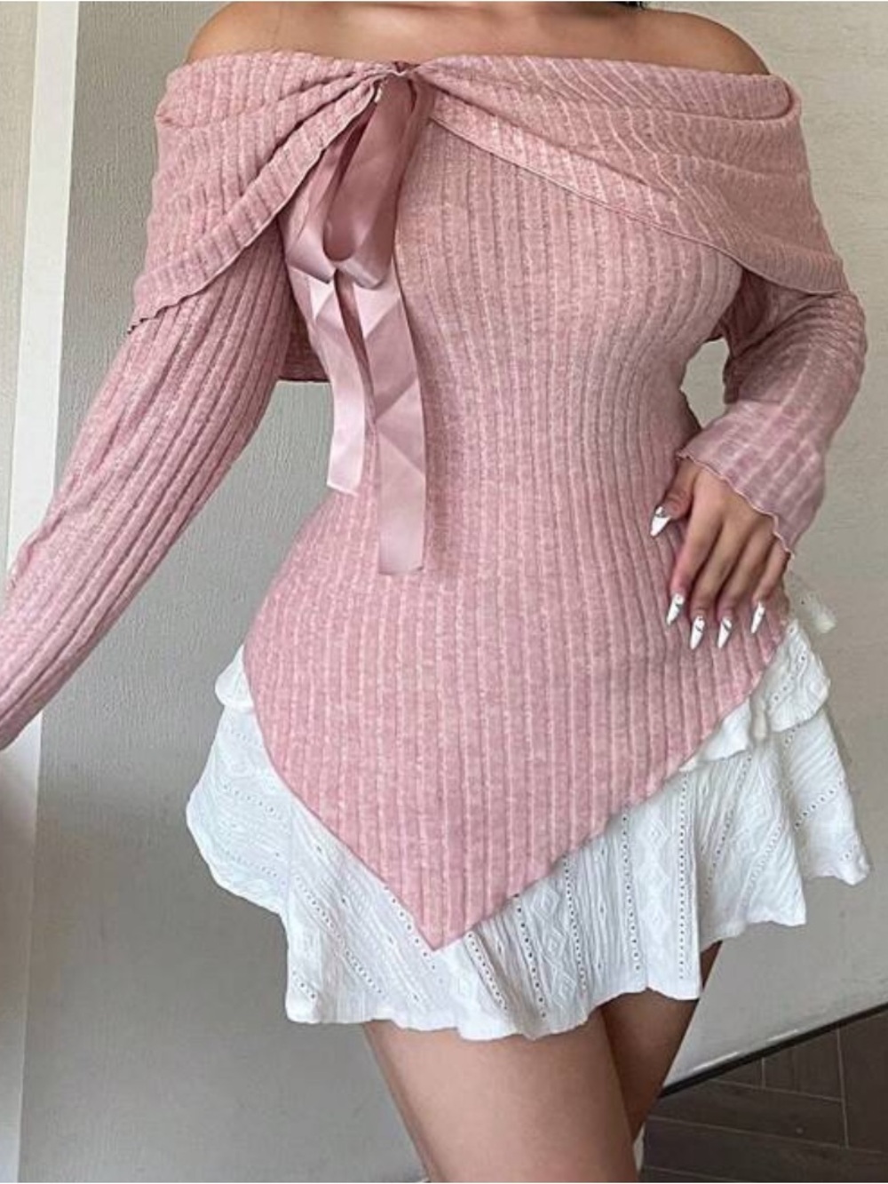 Off-the-Shoulder Ribbed Sweater with Satin Tie in Dusty Rose